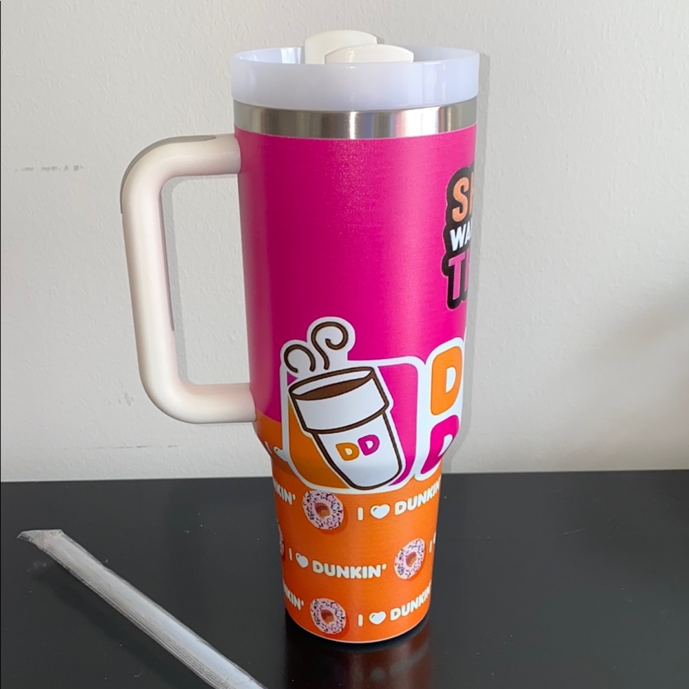 Dunkin Pink and Orange Insulated Travel Mug with Handle